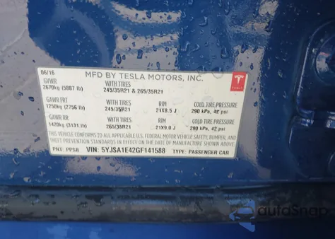 2016 Tesla Model S 90D/P100D/P85D/P90D z USA, uszkodzony, nr VIN 5YJSA1E42GF141588